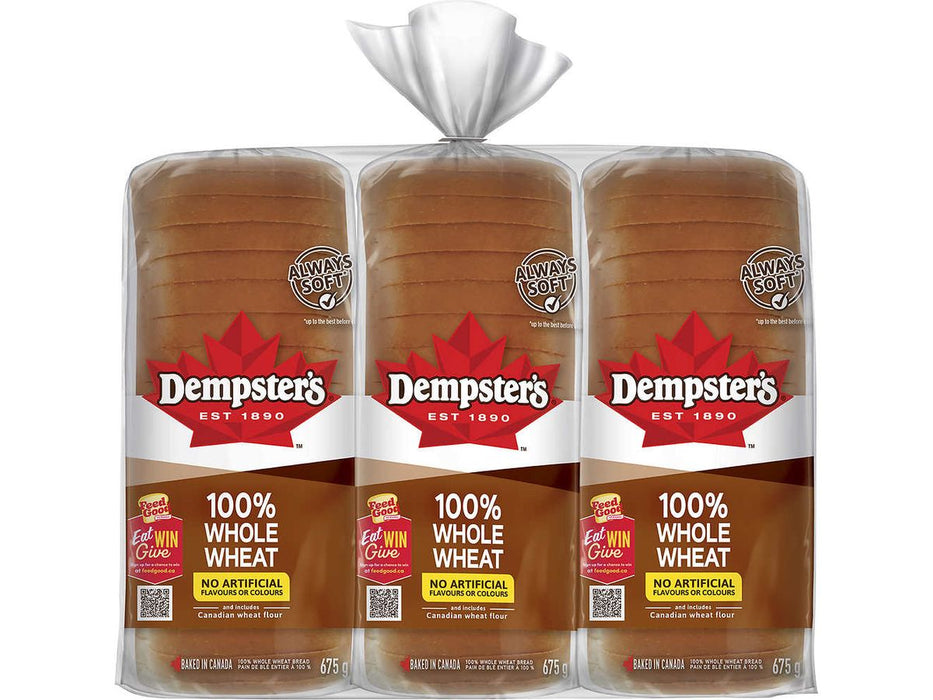 Dempster’s 100% Whole Wheat Bread - 3 x 675g Loaf
