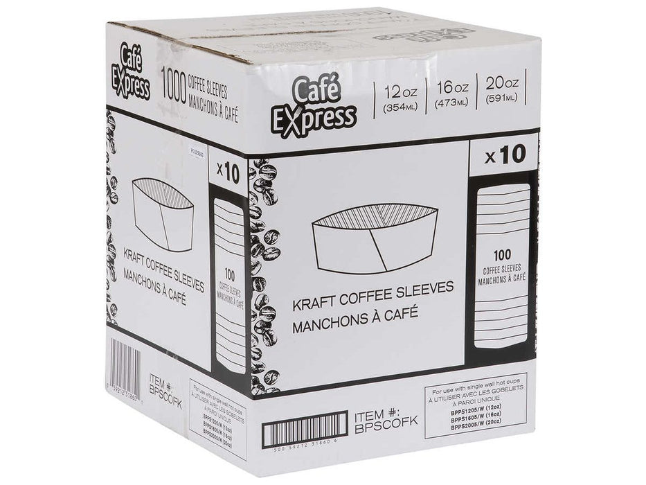 Kraft Coffee Sleeves - Case of 1000 - Fits 12oz to 20oz