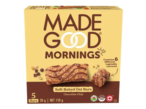 MadeGood Mornings Chocolate Chip Soft Baked Oat Bars 5pk, 5 x 30 g
