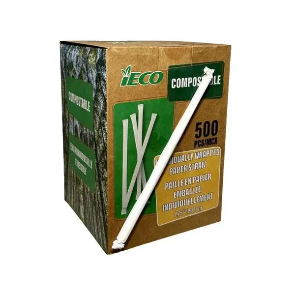 7.75" Paper Compostable Straw - Individually Paper Wrapped - 500 Pkg - Miller & Bean Coffee Company