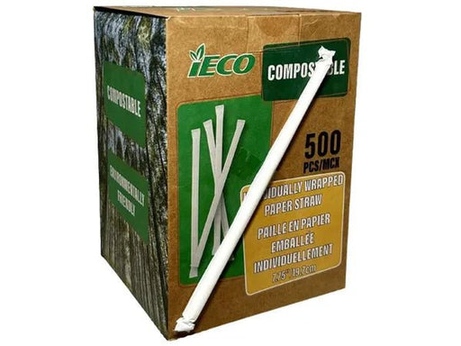 7.75" Paper Compostable Straw - Individually Paper Wrapped - 500 Pkg - Miller & Bean Coffee Company