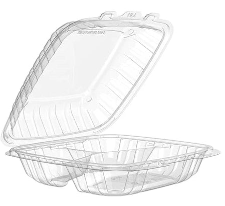 Clear 3-compartment plastic hinged container 9" x 9" - Pack of 75
