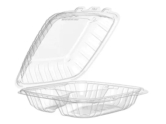 Clear 3-compartment plastic hinged container 9" x 9" - Pack of 75