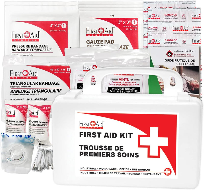 First Aid Central kit with bandages, gauze, gloves, CPR face shield and first aid guide