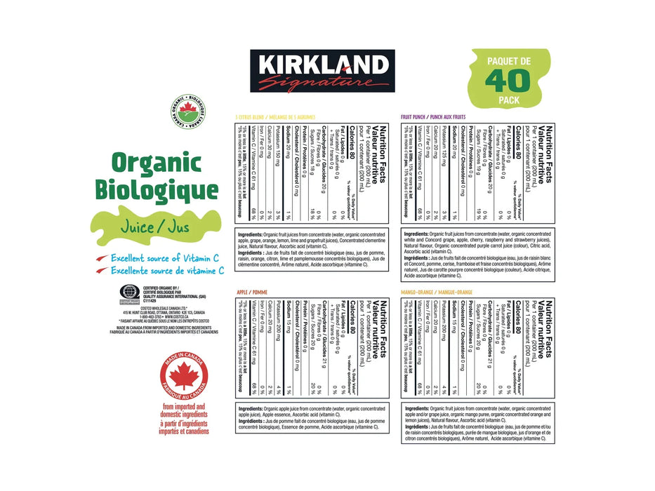 Kirkland Signature Organic Juice Assorted 40 x 200ml
