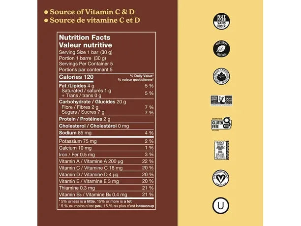 MadeGood Mornings Chocolate Chip Soft Baked Oat Bars 5pk, 5 x 30 g Nutrition Facts