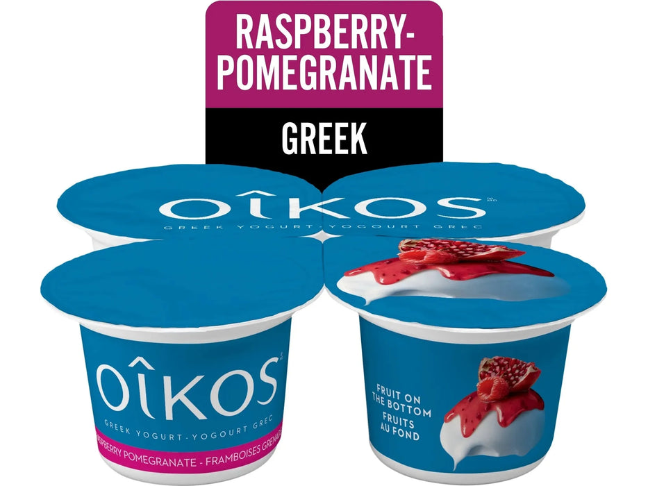 OIKOS Greek Yogurt - Raspberry-Pomegranate Flavour - Pack of 4 x 100g