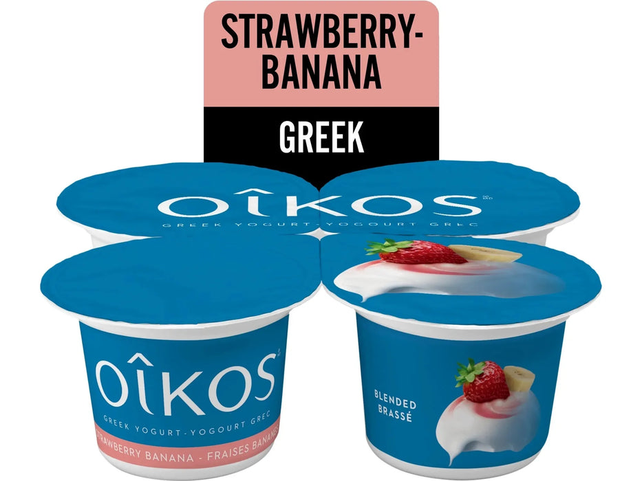 OIKOS Greek Yogurt - Strawberry-Banana Flavour - Pack of 4 x 100g