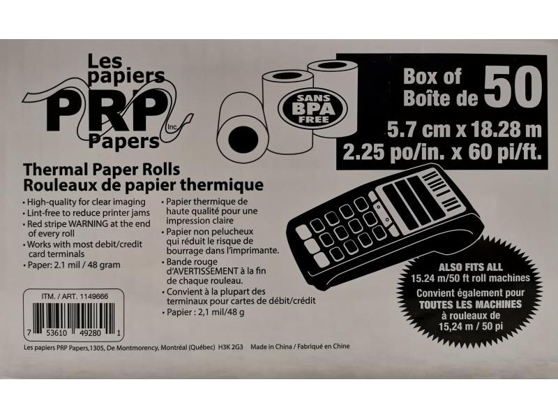 PRP Thermal Paper Rolls - 2.25 in. x 60 ft - Box of 50