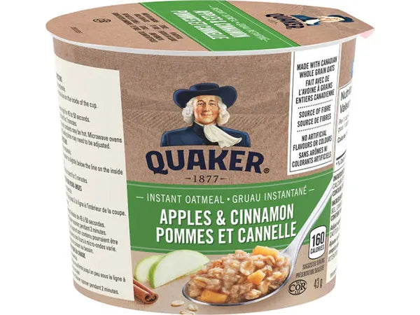 Quaker Instant Oatmeal - Apple Cinnamon - Case of 12 x 48g Cups