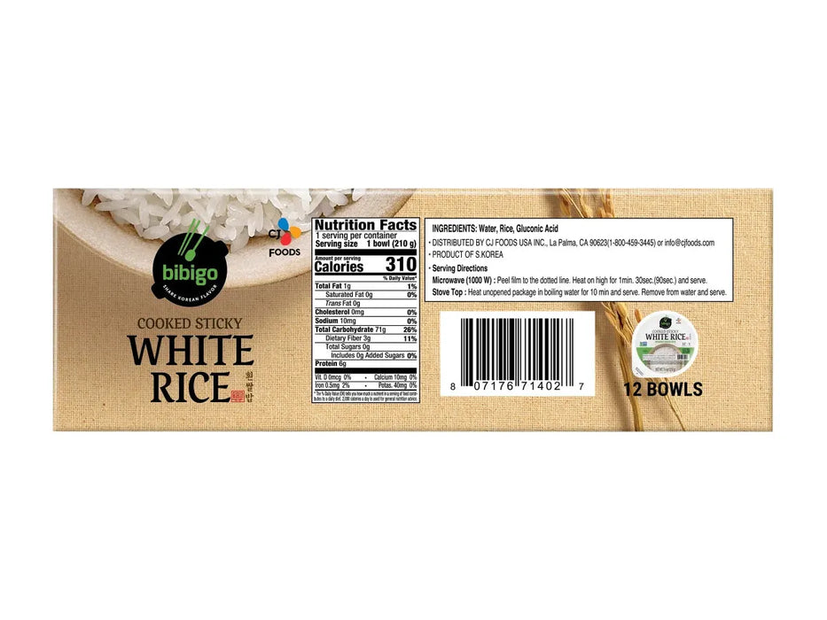 Bibigo - Cooked Sticky White Rice Bowls - Medium Grain - 12 x 210g