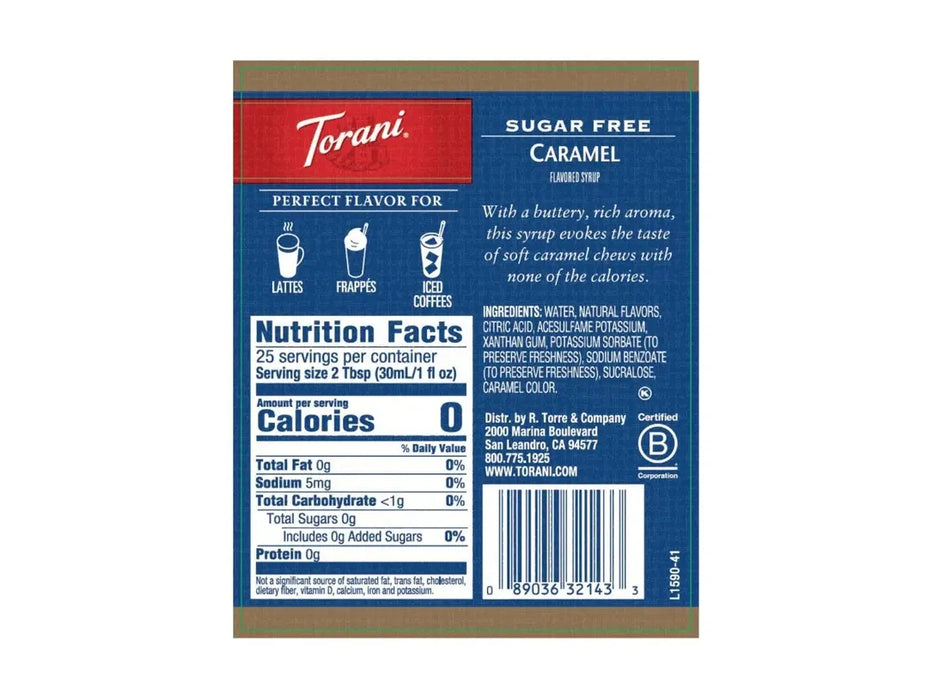 Torani Coffee Syrup - Sugar Free - Caramel - 750ml