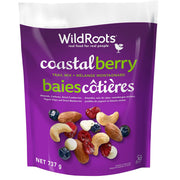 A 737 g bag of WildRoots Coastal Berry Trail Mix, featuring a vibrant purple packaging design with white and green text and an illustration of mixed nuts and berries.
