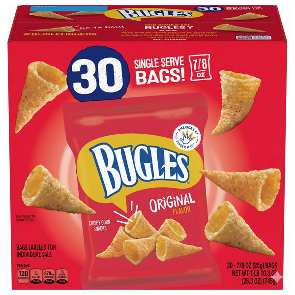 Bugles Original 30 × 25g case packaging and nutrition information