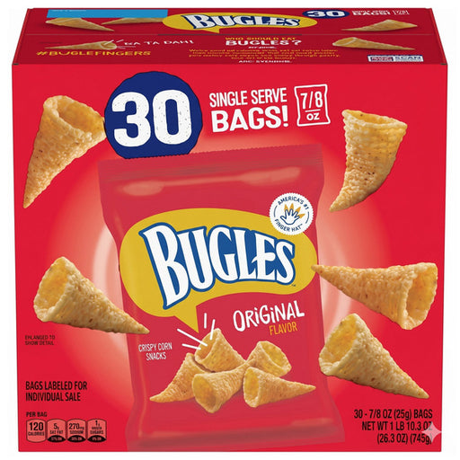 Bugles Original 30 × 25g case packaging and nutrition information
