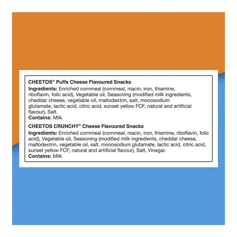 Ingredients and milk allergen information for Cheetos Puffs and Cheetos Crunchy