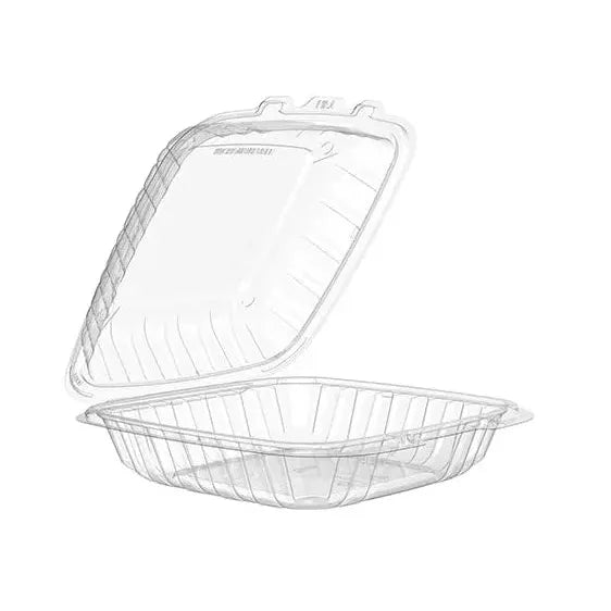 Clear 1 - compartment plastic hinged container 9" x 9" - Pack of 75 - Miller & Bean Coffee Company