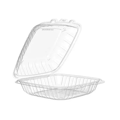Clear 1 - compartment plastic hinged container 9" x 9" - Pack of 75 - Miller & Bean Coffee Company