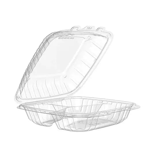 Clear 3 - compartment plastic hinged container 9" x 9" - Pack of 75 - Miller & Bean Coffee Company