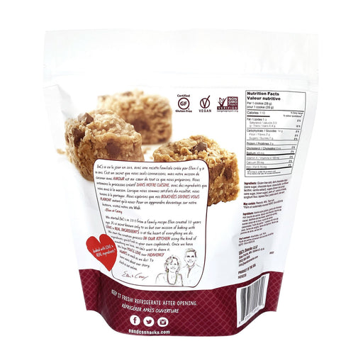 Back of Heavenly Hunks Oatmeal Dark Chocolate Cookies bag with ingredients and nutrition facts