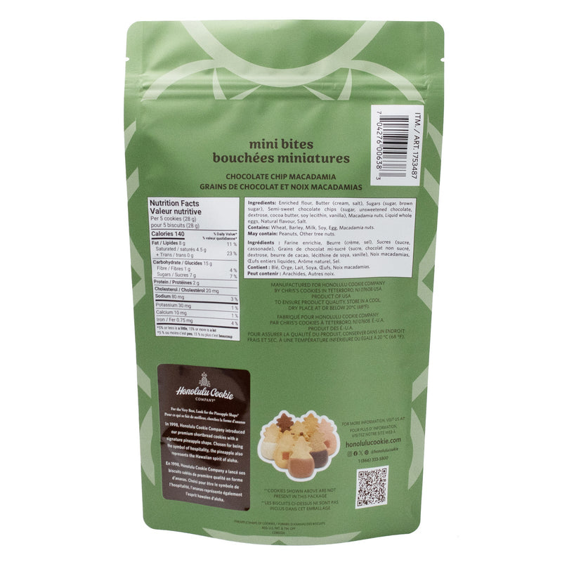 Back of Honolulu Cookie Company Chocolate Chip Macadamia Mini Bites bag