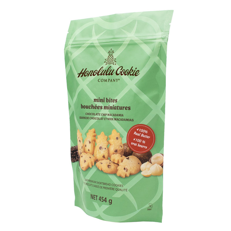 Side view of Honolulu Cookie Company Chocolate Chip Macadamia Mini Bites bag