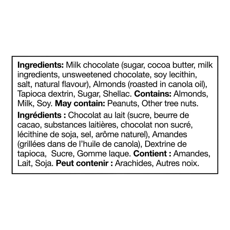 Ingredients and allergen information for Kirkland Signature Milk Chocolate Covered Almonds