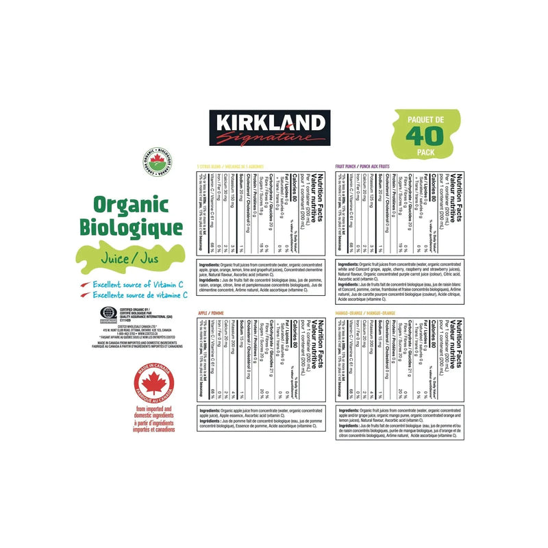 Kirkland Signature Organic Juice Assorted 40 x 200ml - Miller & Bean Coffee Company