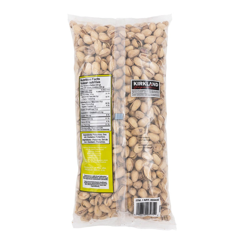 Kirkland Signature Pistachios back package with nutrition and ingredients