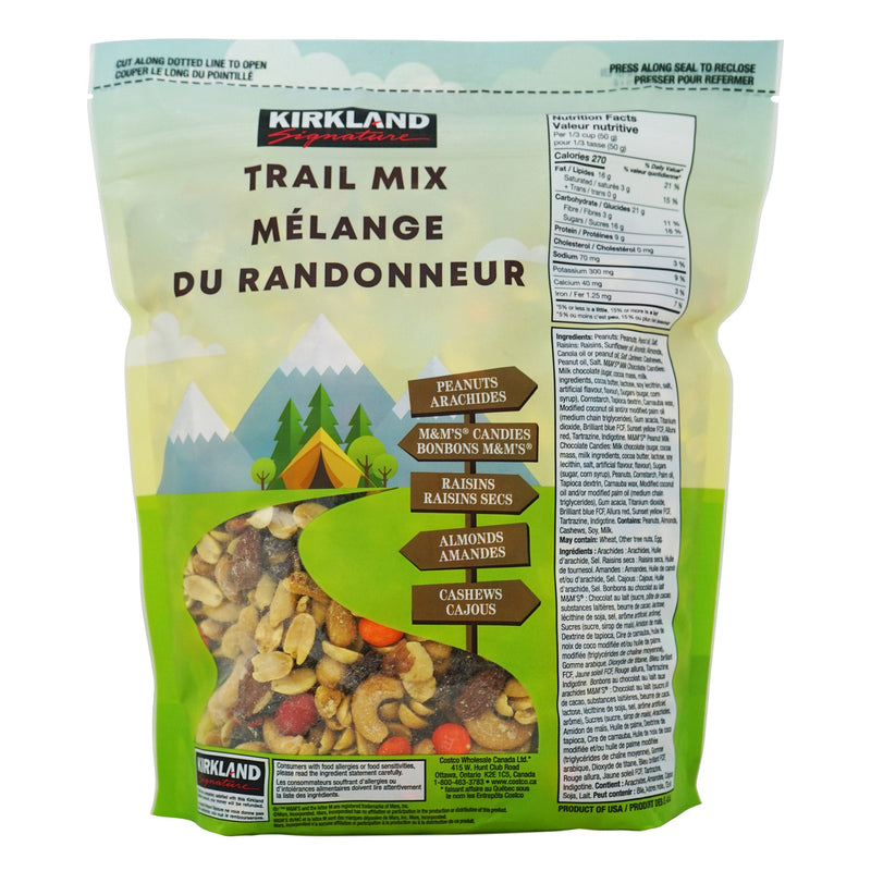 Kirkland Signature Trail Mix back package with nutrition and ingredients
