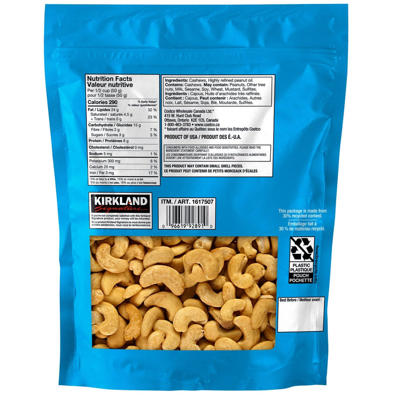 Kirkland Signature Roasted Whole Unsalted Cashews back package with nutrition and ingredients
