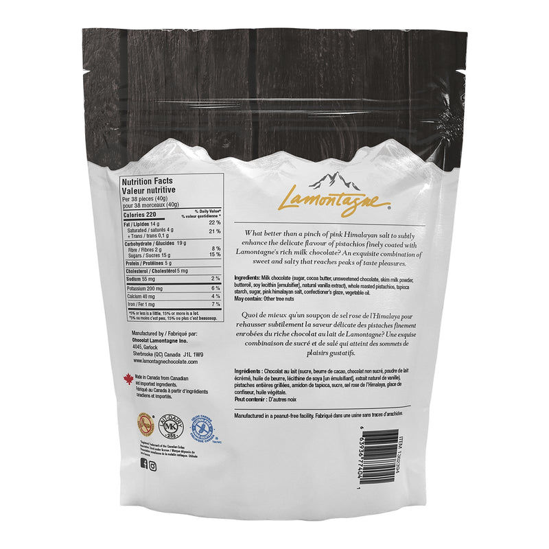 Back of Lamontagne Milk Chocolate Pistachios 500 g bag with ingredients and nutrition facts