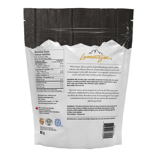 Back of Lamontagne Milk Chocolate Pistachios 500 g bag with ingredients and nutrition facts