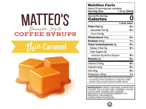 Matteo's Sugar Free Coffee Syrup - Caramel - 2 x 1L Bottle - Miller & Bean Coffee Company