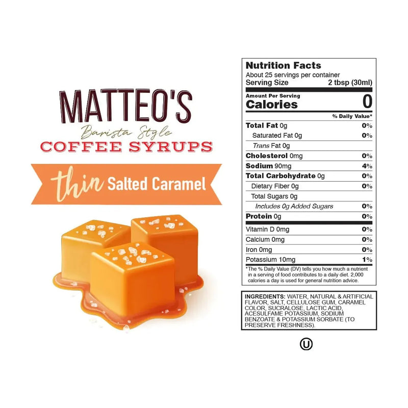 Matteo's Sugar Free Coffee Syrup - Salted Caramel - 2 x 1L Bottle - Miller & Bean Coffee Company