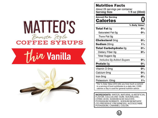 Matteo's Sugar Free Coffee Syrup - Vanilla - 2 x 1L Bottle - Miller & Bean Coffee Company