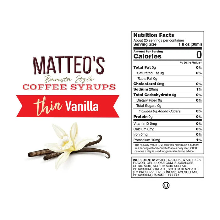 Matteo's Sugar Free Coffee Syrup - Vanilla - 2 x 1L Bottle - Miller & Bean Coffee Company
