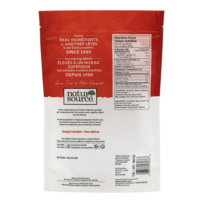 Back of NaturSource Tamari Almonds bag with ingredients and nutrition facts