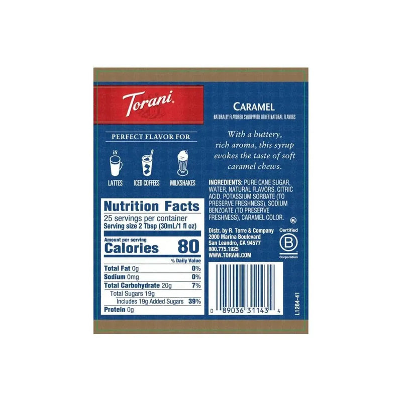 Torani Coffee Syrup - Caramel - 750ml - Miller & Bean Coffee Company
