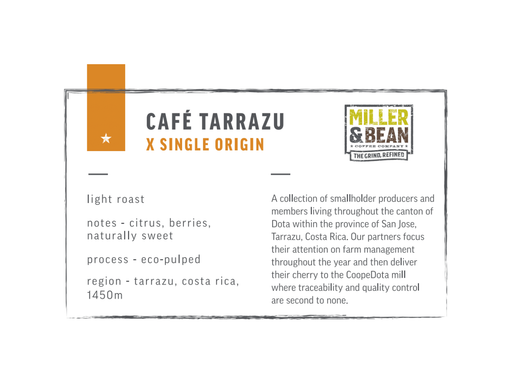 Coffee Beans - Miller & Bean Premium Collection - Cafe Tarrazu - Light - 1lb Bag - MB Grocery